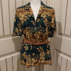 Alfred Dunner Button Up Floral Hawaiian Print Green Tan Shirt Sleeve Size 10